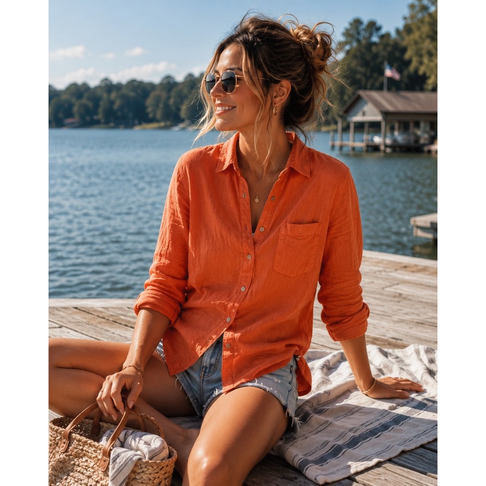 Pepe Jeans 100% Linen Button Down Shirt Coastal Orange Resort Beachy Luxe Sz M